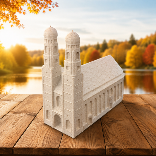 Miniature architectural figurine of the Munich Frauenkirche by Tiny Monuments
