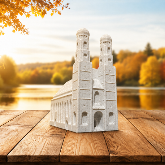 Miniature architectural figurine of the Munich Frauenkirche by Tiny Monuments