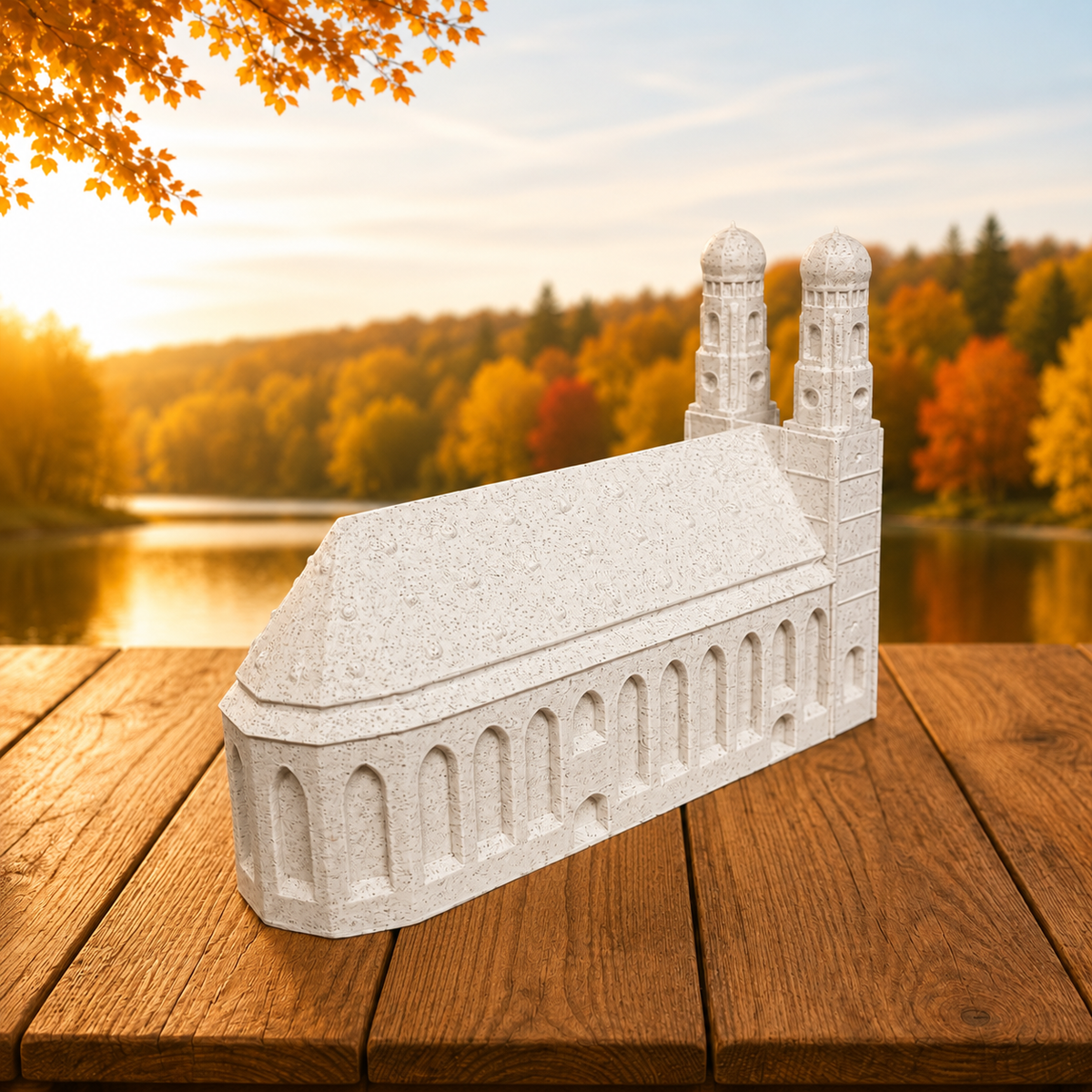 Miniature architectural figurine of the Munich Frauenkirche by Tiny Monuments