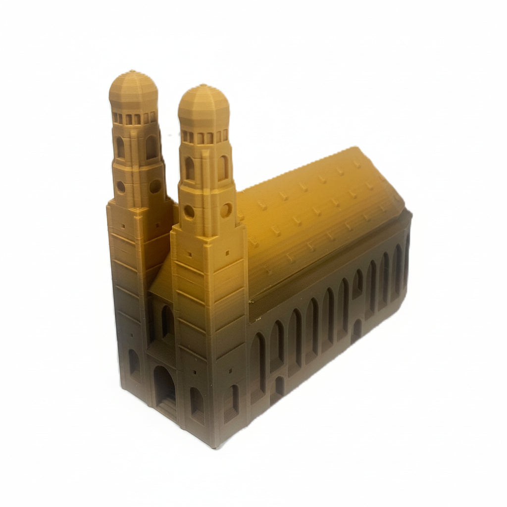 Miniature architectural figurine of the Munich Frauenkirche by Tiny Monuments