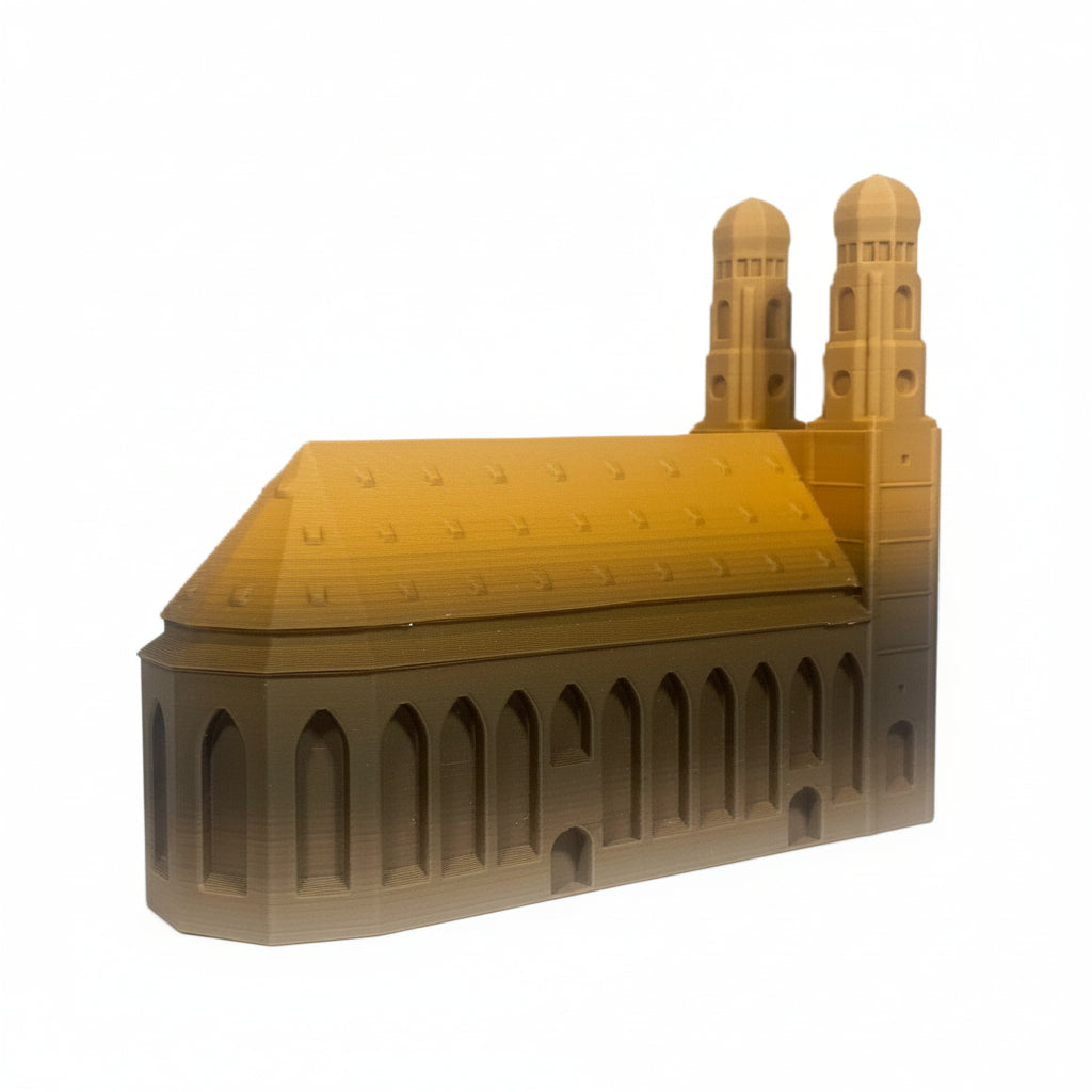 Miniature architectural figurine of the Munich Frauenkirche by Tiny Monuments