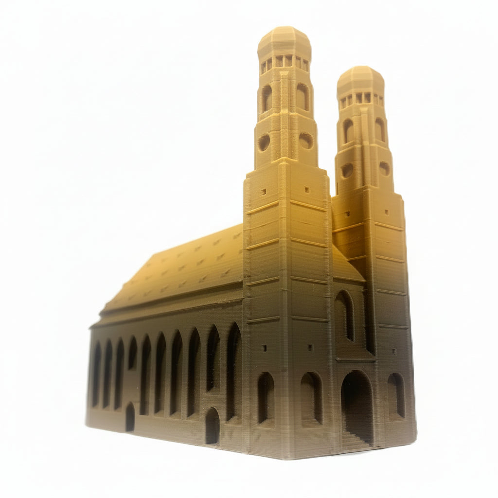 Miniature architectural figurine of the Munich Frauenkirche by Tiny Monuments